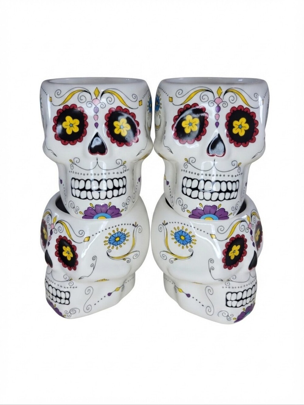 Williams Sonoma Day of the Dead Sugar Skull Mug Cup Set of 4 White Floral - Picture 2 of 7